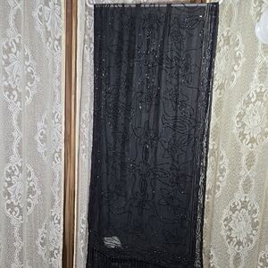 Elegant Black Hand Beaded Shawl with Fringe-1A